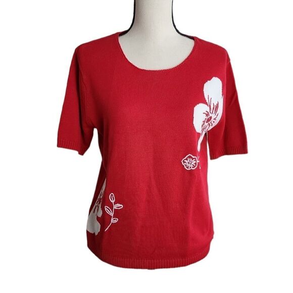 Napa Valley Red Floral Embroidered Short Sleeve Sweater Medium - Picture 1 of 5